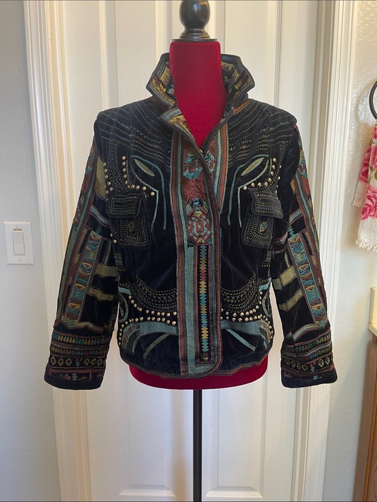 Johnny Was Jackets & Blazers - Johnny Was Black Velvet Bomber Jacket with Teal & Brown Embroidery